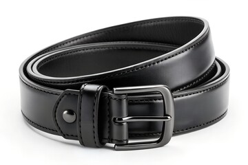 Black Leather Belt Rolled on White Background