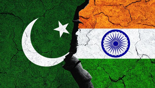 Flags of Pakistan and India split by jagged crack, symbolizing geopolitical tension and division.