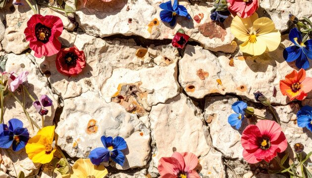 花と石壁のアートテクスチャ｜自然と都市が融合するボタニカル背景