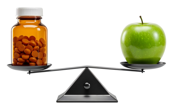 Symbolic healthy choice — scales with apple and pills , isolated on transparent background, png