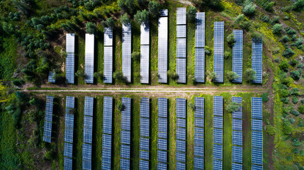 Aerial view of solar panels in a field surrounded by green vegetation
