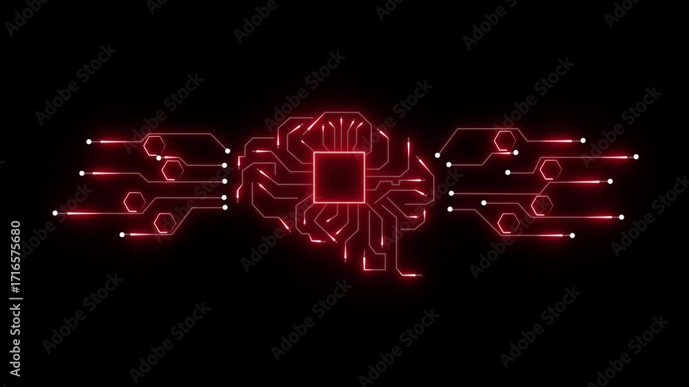 Poster glowing red digital brain circuit board with central processor and data connections on a dark backgr