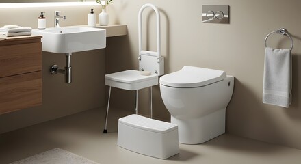 Bathroom equipped with accessibility features, including a toilet safety rail and a step stool. 