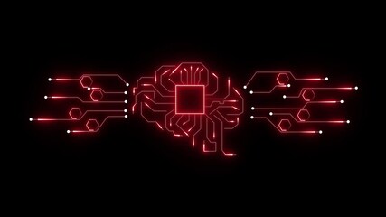 Glowing red digital brain circuit board with central processor and data connections on a dark background. - Powered by Adobe