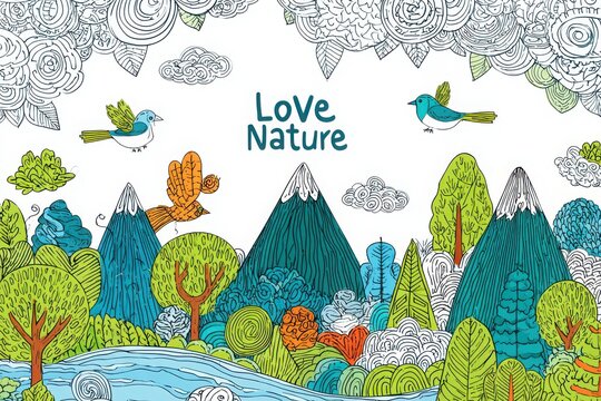 Colorful illustration of mountains, trees, and birds promoting nature appreciation in a vibrant landscape