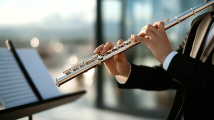 A musician their fingers nimble plays a flute on a rooftop the metal keys gleaming faintly. A wooden stool its seat worn creaks under their weight. A music stand its metal - Powered by Adobe