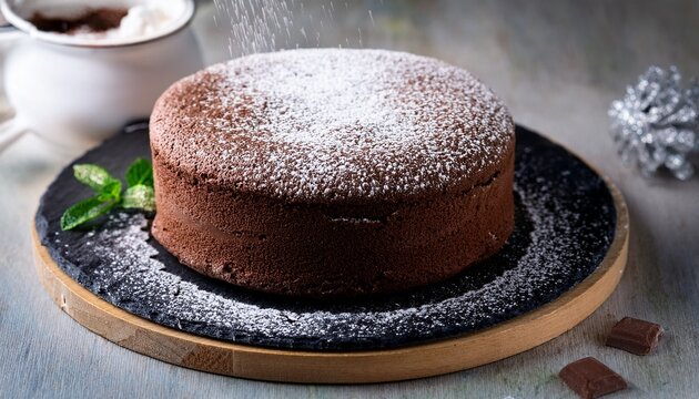 Pastel De Bizcocho De Chocolate Y Decorado Con Crema Repostera Y Decorado Con Polvo De Azucar Glas