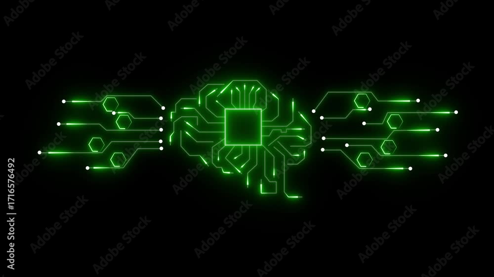 Poster glowing green digital brain circuit board pulsing with data flow and artificial intelligence.