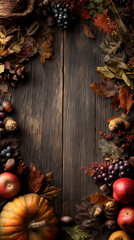 Autumn decorative frame with dried leaves and fruits on wooden table background