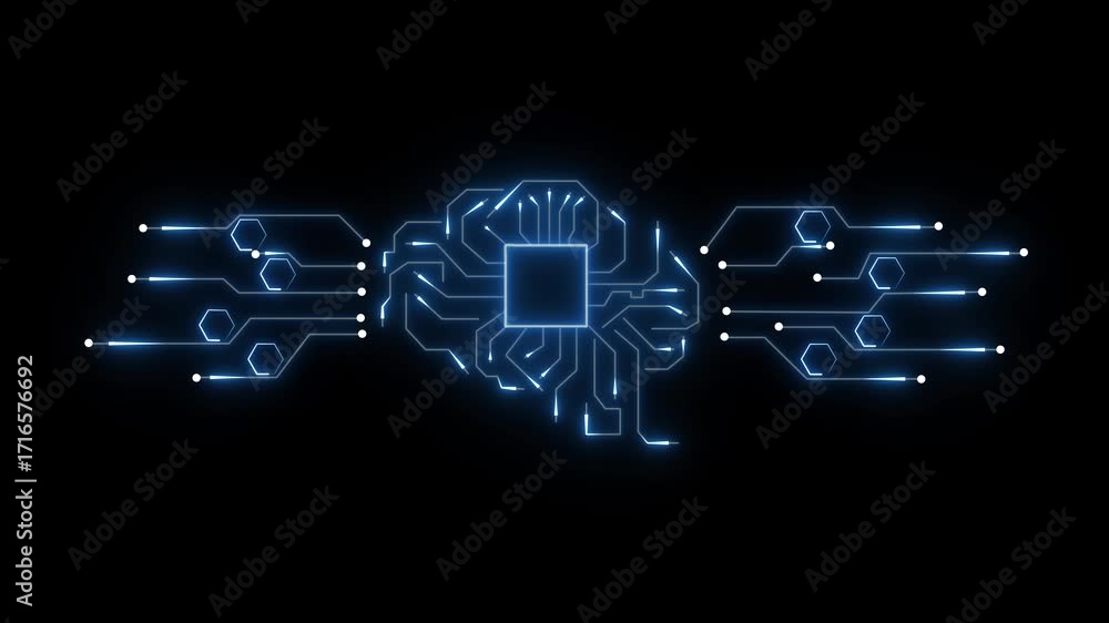 Poster futuristic digital brain circuit board with glowing blue lines and hexagonal nodes on a black backgr
