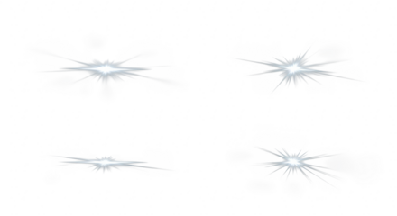 Four distinct bright lens flares with starburst effects against a stark black background
