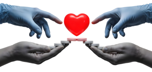Symbolic bridge of trust — gloves meeting on pill bridge with heart, isolated on transparent background, png