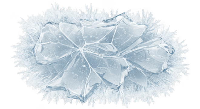 Intricate patterns of fractured ice crystals form a delicate starburst like structure against a stark black background