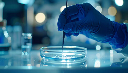 Scientists gloved hand holding fine tweezers toward a glass petri dish background
