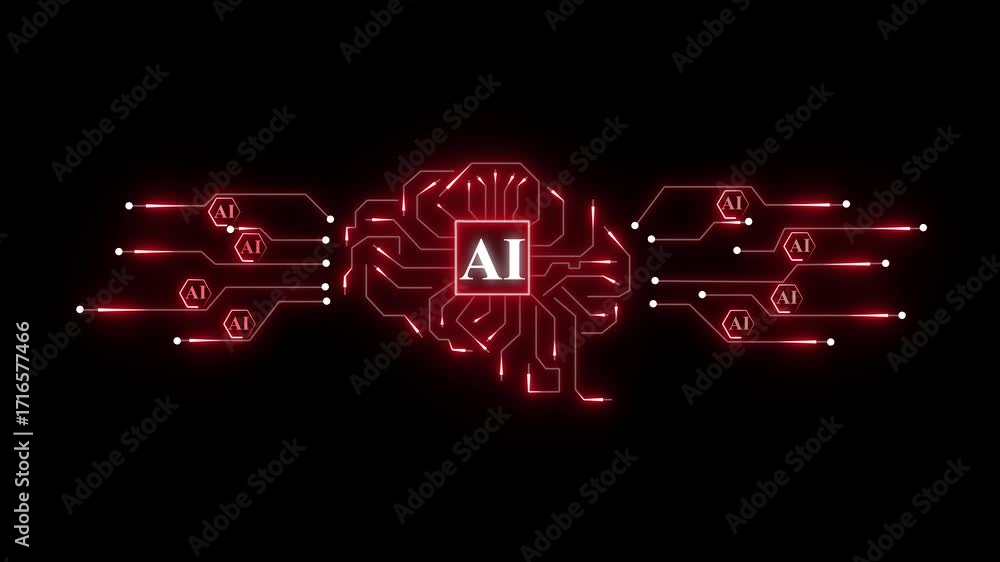 Poster glowing red artificial intelligence brain circuit network data processing concept with ai symbols