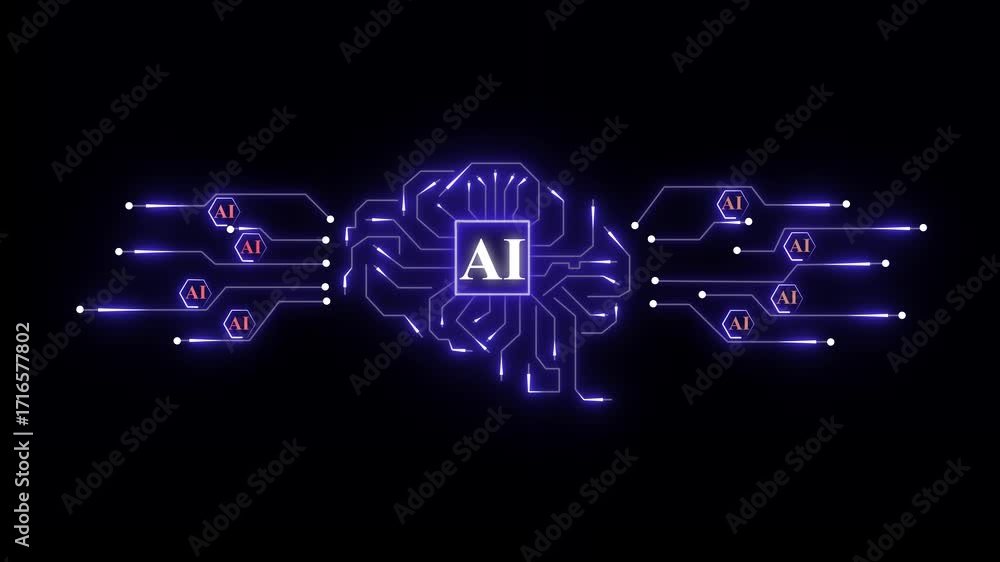 Poster glowing artificial intelligence brain circuit board network connections digital technology