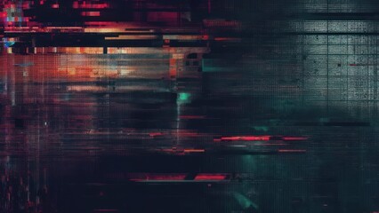 Abstract digital glitch art with vibrant red and teal light streaks on dark textured background