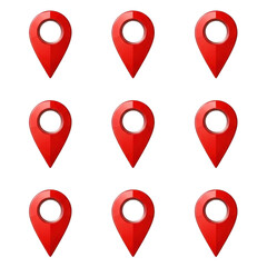 Nine bright red location pins arranged in a three by three grid on a dark background