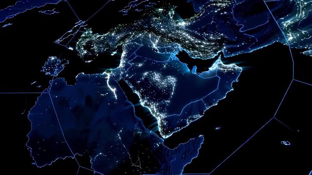 Middle east from space animation glowing lights earth view travel asia map countries cities 3d 4k 60fps