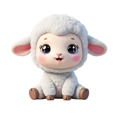 Adorable fluffy baby sheep character with big sparkly eyes sitting pretty isolated on transparent background