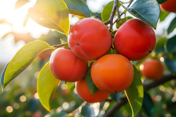 Ripe persimmons hanging on a tree branch in warm sunlight