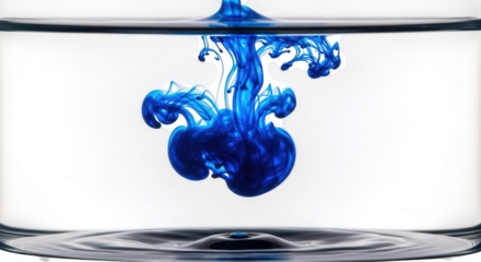 Vibrant blue ink cloud blooming and swirling in clear water creating abstract patterns