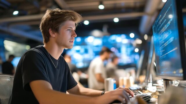 A tech intern debugs code in a sleek startup&rsquo;s tech hub with multiple monitors displaying lines of code empty energy drink cans littering the desk neon lit keyboards and