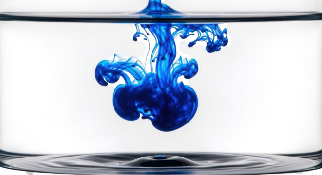 Vibrant blue ink cloud blooming and swirling in clear water creating abstract patterns