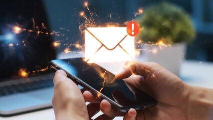Close up of hands holding a smartphone with a digital email icon appearing above the screen symbolizing communication and digital messaging - Powered by Adobe