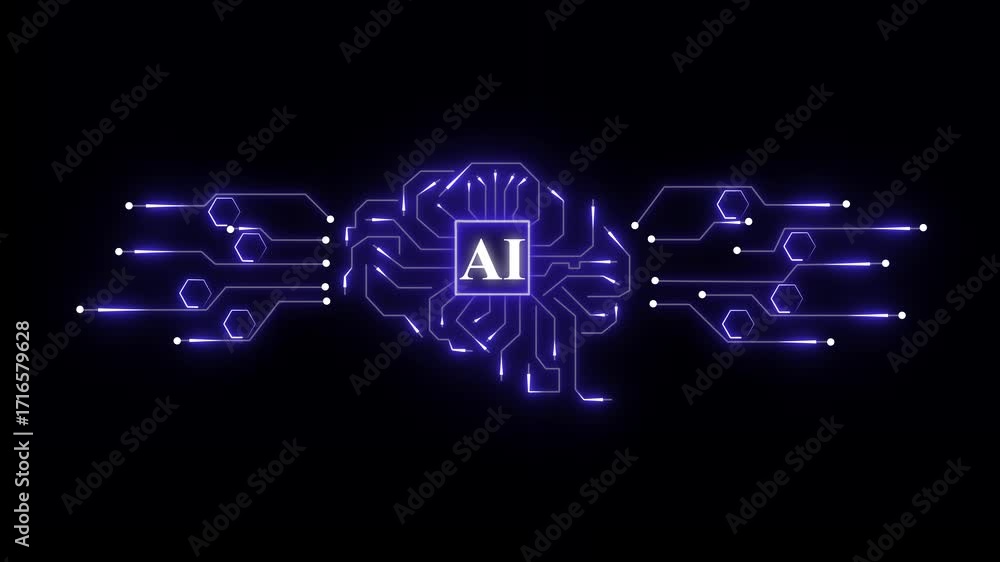 Poster glowing artificial intelligence brain circuit board pulsing with electric energy on dark