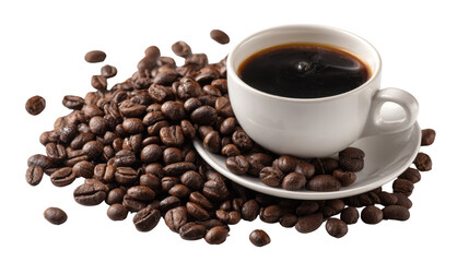 Fototapeta premium A single cup of coffee with coffee beans isolated on white background 