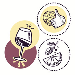 Illustration of wine glass, lemon slice, and thumbs up