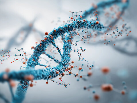 3D rendering of biotechnology concept, DNA double helix surrounded by molecular structures and digital data, futuristic laboratory theme, white background