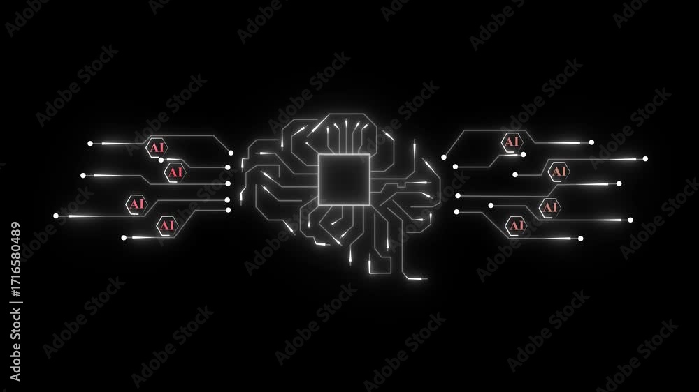 Poster futuristic digital brain network with ai processors glowing on black background representing