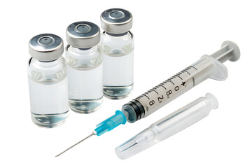 Vaccines, botulinum toxin and insulin ampules concept theme with glass vials with clear liquid next to a syringe and a hypodermic needle isolated on white background