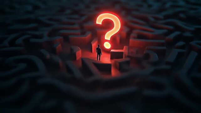 A solitary figure stands in a complex maze, illuminated by a glowing question mark, symbolizing uncertainty (1)
