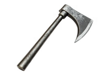 Antique metal axe with curved blade and weathered surface isolated on transparent background
