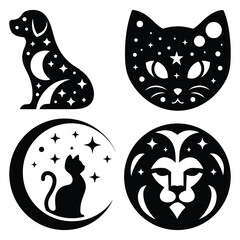 Black animal silhouettes with celestial elements lion