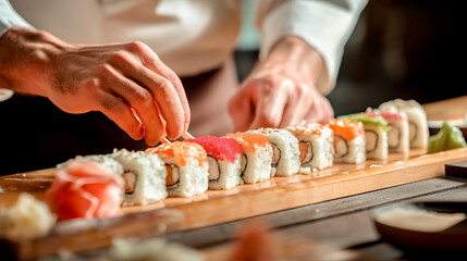 close up of sushi Chef preparing sushi rolls