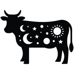 Black cow silhouette with celestial bodies and sun