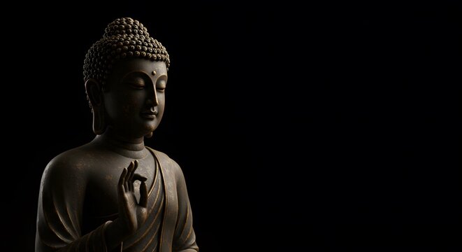 A statue of Gautama Buddha, the founder of Buddhism, in a meditative posture on black background