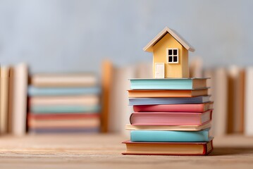 Miniature house model placed on top of stacked colorful books with blue background symbolizing real estate education