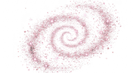 Whimsical pink spiral galaxy sparkles against a deep black cosmic background