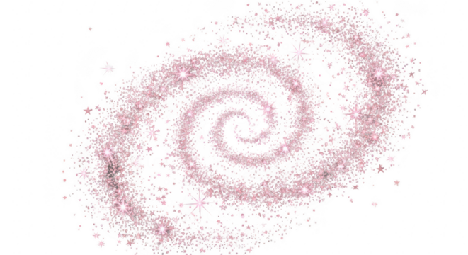Whimsical pink spiral galaxy sparkles against a deep black cosmic background