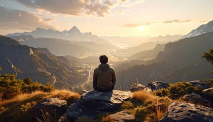Fototapeta premium A contemplative figure sits atop a mountain peak, gazing at a vast valley bathed in the golden light of a serene sunrise.