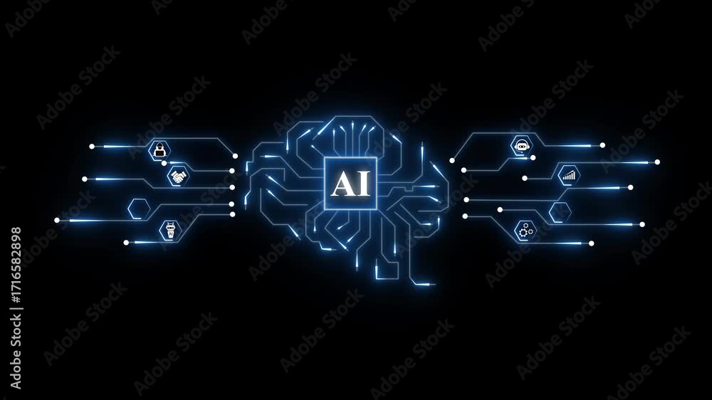 Poster futuristic artificial intelligence brain circuit network with glowing lines and icons