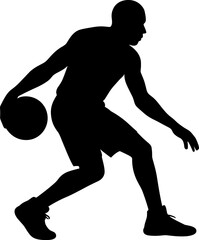 Basketball player dribbling ball across body in crossover move, low stance, side profile silhouette