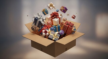 A vibrant assortment of festive gift boxes overflowing from a package, symbolizing joy and generous celebration