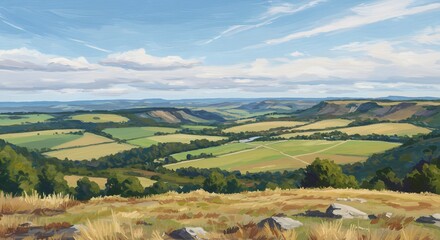 Fototapeta premium Rolling hills and fields under a partly cloudy sky landscape