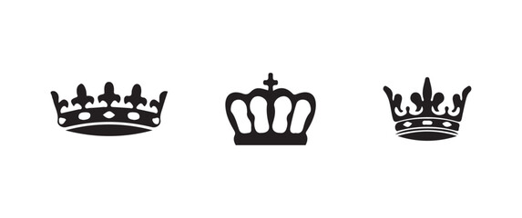 Crown icon set, set of three  silhouettes of crowns isolated, classic king and queen emblems, royal crown symbol collection,  vector illustration EPS 10.